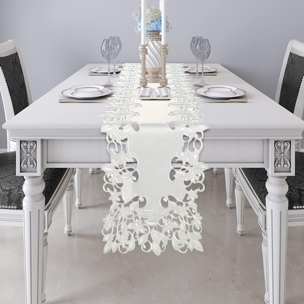 White Table Runner - Lace Linen Dresser Scarf with European Embroidery - Perfect for Kitchen Dining Room Home Decor Wedding Reception - 14 x 108 Inch - Durbin Collection