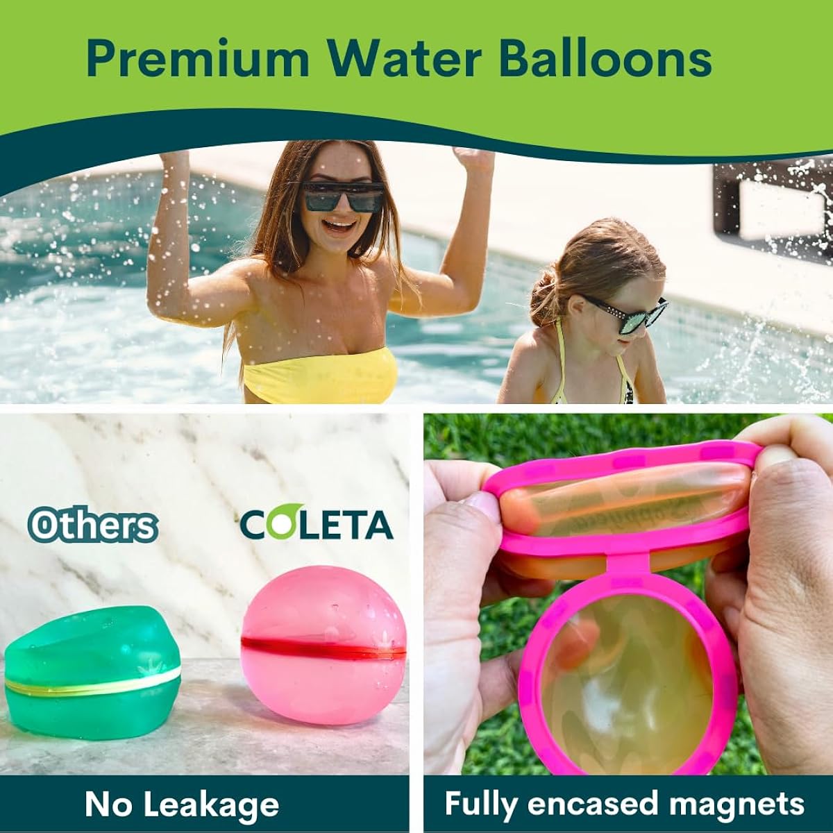 COLETA 16pcs Reusable Water Balloons Magnetic Self Seal with 2 Side Bags Refillable Latex Free Soft Silicone Bombs Quick Fill Balls for Boys Girls Gifts Toys Outdoor Activities Pool Beach Splash Fun