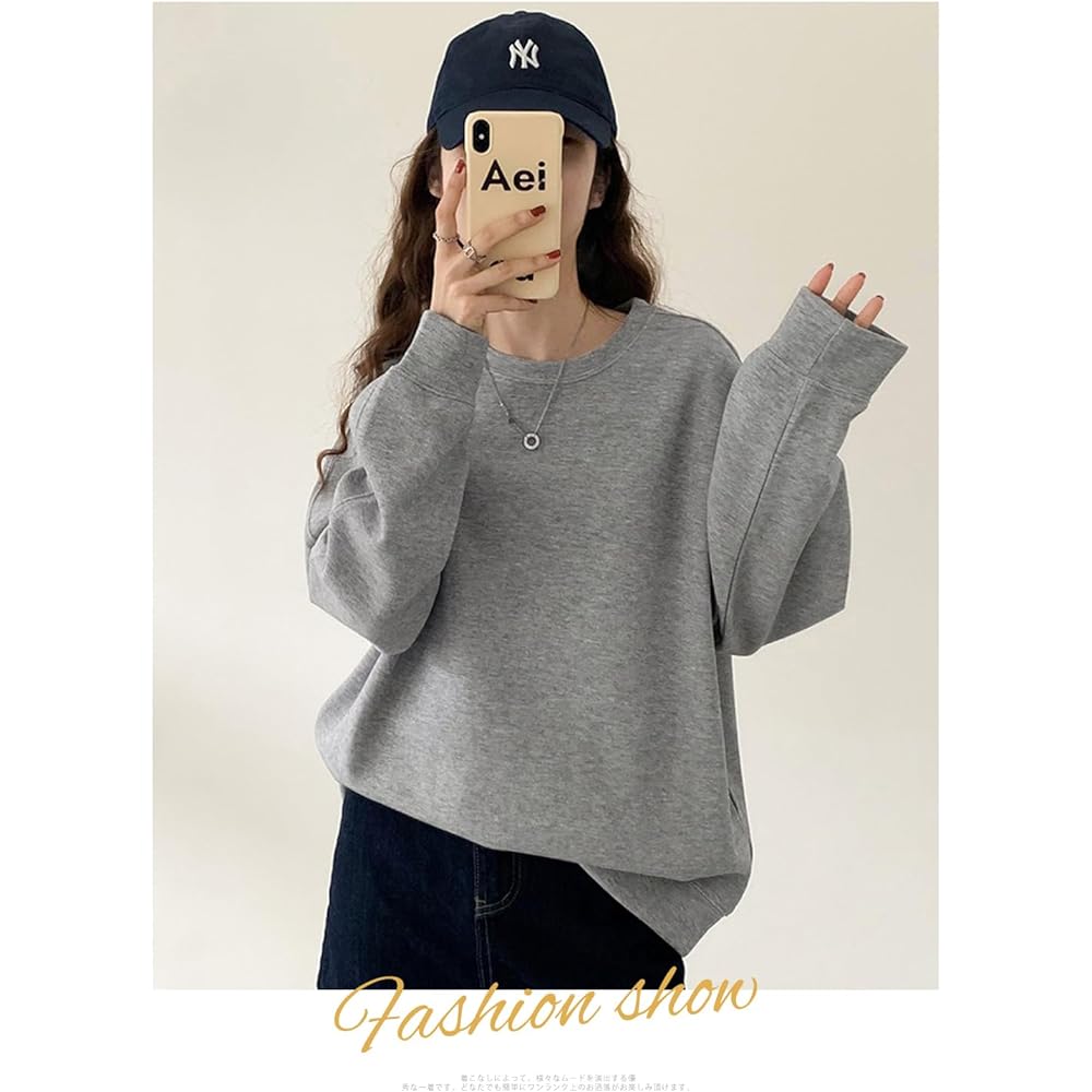 [xppe] Women's sweatshirt, tops, round neck, long sleeves, layered style, cotton blend, cut and sew, crew neck, loose, plain, cotton, soft, cute, fashionable, slimming, body cover, casual, commuting, office, fashion, daily, everyday wear, spring, fall, w