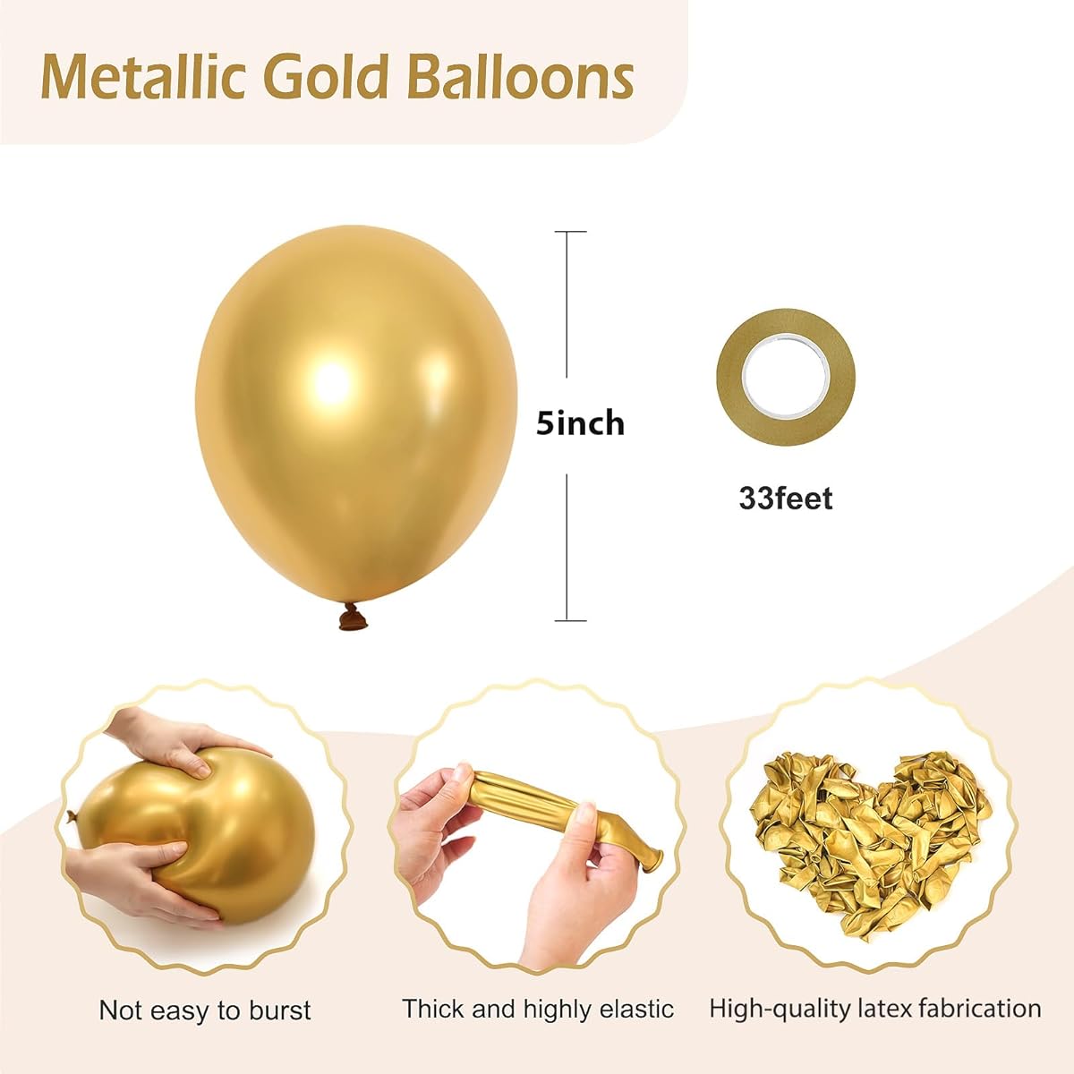 120 Pack 5 Inch Metallic Gold Balloons Chrome Gold Latex Balloons for Birthday Baby Shower Wedding Graduation Party Balloons (with Gold Ribbon)