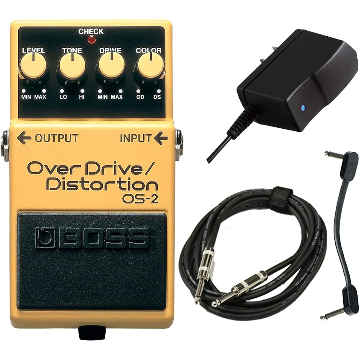 BOSS/OS-2 Over Drive/Distortion AC Starter Set - Genuine AC adapter PSA100S2, guitar cable, patch cable -