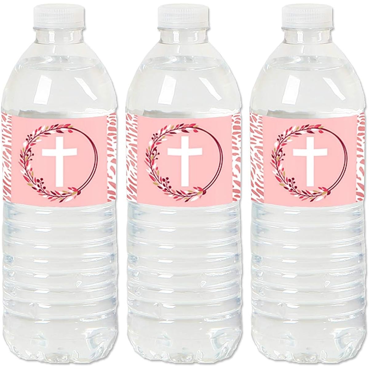 Pink Elegant Cross - Girls Religious Party Water Bottle Stickers Labels - Set of 20