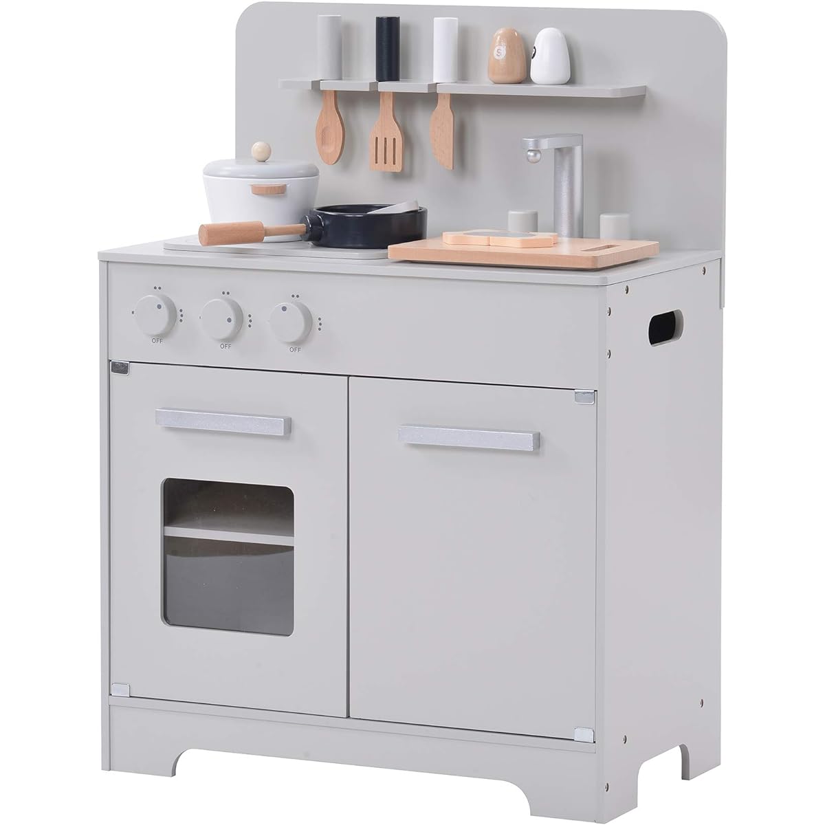 Play house kitchen, wooden, with cooking utensils, seasonings, ingredients, storage, assembly type, children's birthday present, mini kitchen (gray)