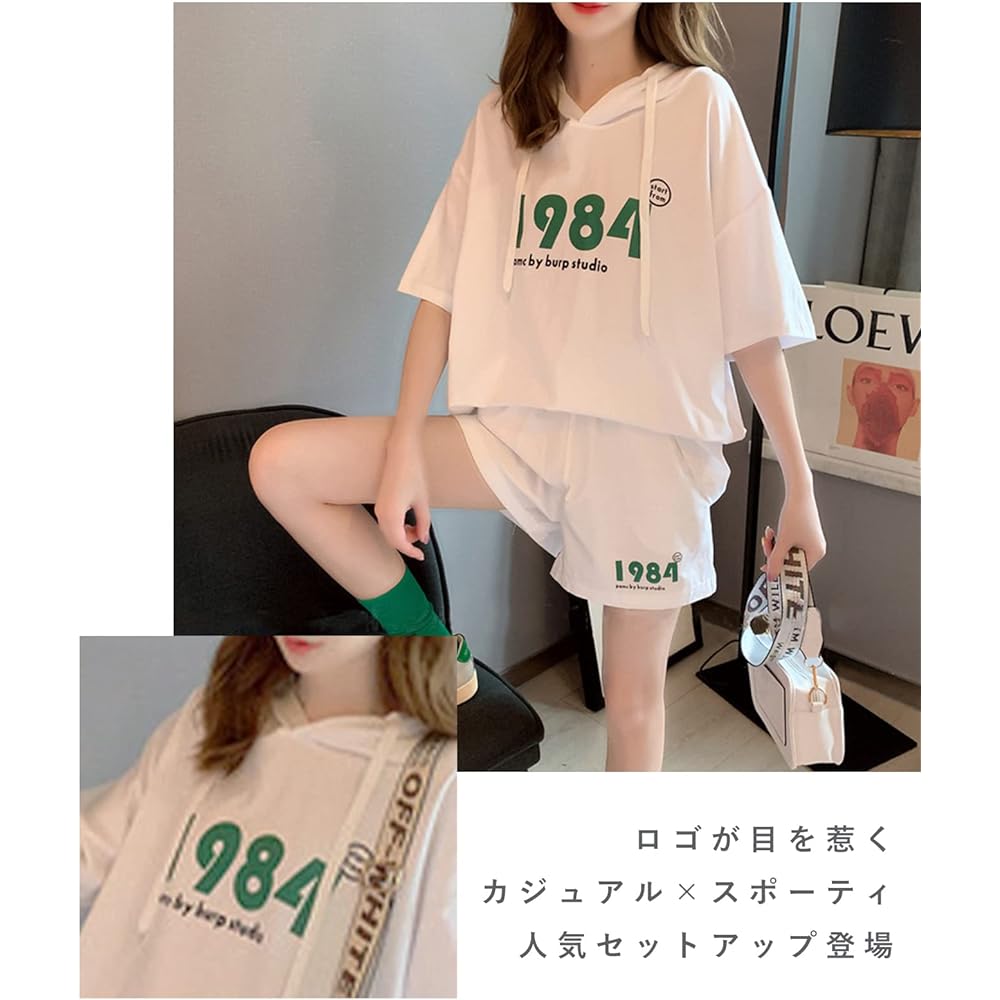 [J.STORE] 2-piece set, top and bottom, parka, women's, short sleeve, spring, summer, casual, logo set, elastic waist, tops, pants, loungewear