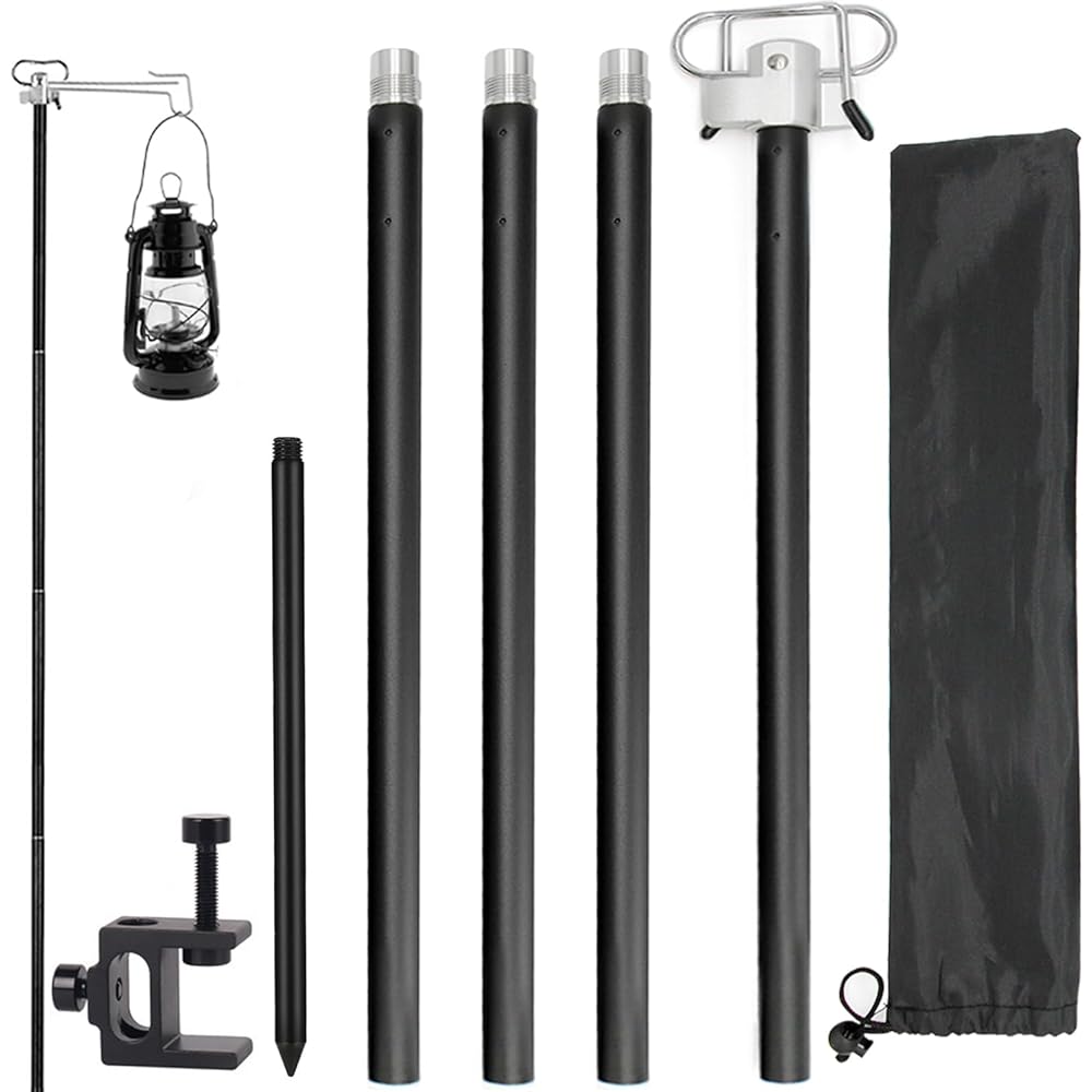 CHENGMAY Lantern Stand, Drive-in Table, 2-way Retractable Double Hanger, Compact, Diameter 16mm, Drive-In, Lightweight Lantern Pole, Outdoor Camping Equipment, Height Adjustment, Freestanding, Load Capacity 1.5kg, Storage Case Included