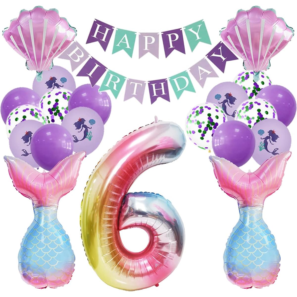 Borsgye Mermaid Shell Balloon with HB Banner Rainbow Number 6