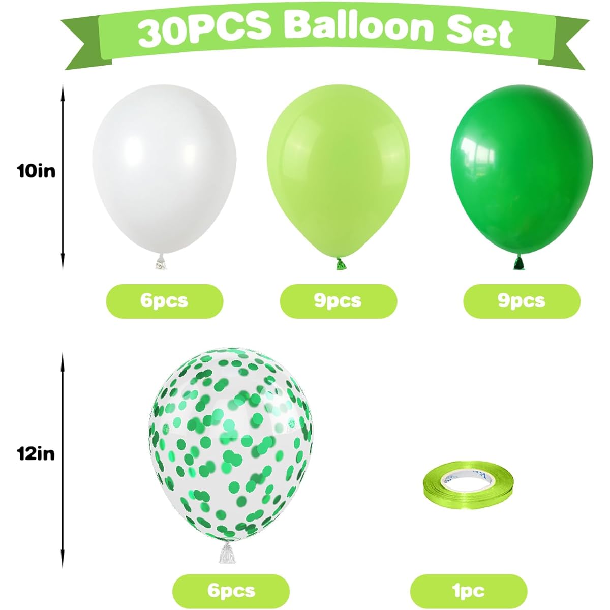30pcs Green and White Balloons Green Fruit Green White Birthday Balloons with Confetti Balloons Jungle Safari Green Latex Balloons Birthday Kids Dinosaur Party Balloon Wedding Decoration