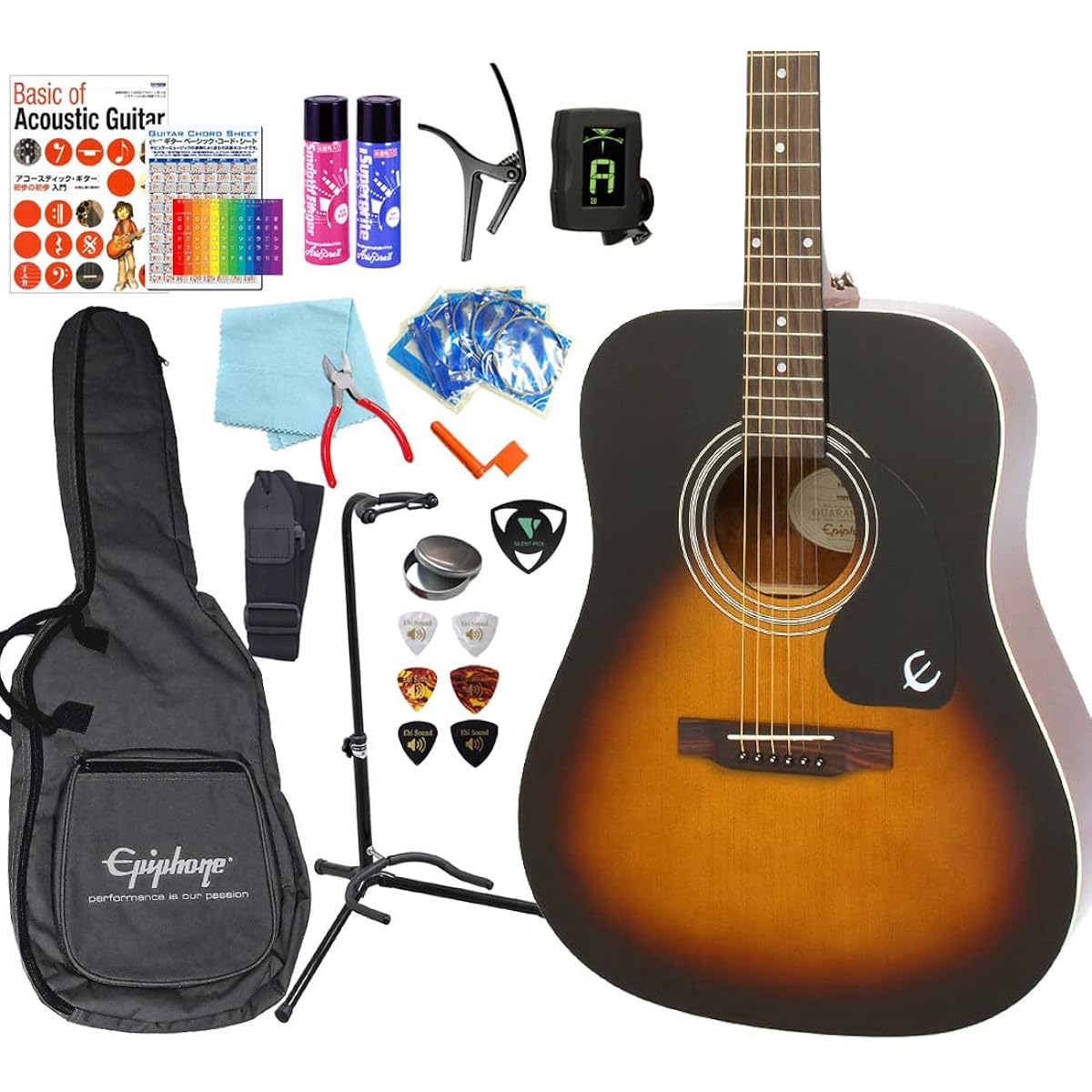 Epiphone Songmaker DR-100 Acoustic Guitar for Beginners, High Grade, 18-Piece Set, VS [98765]
