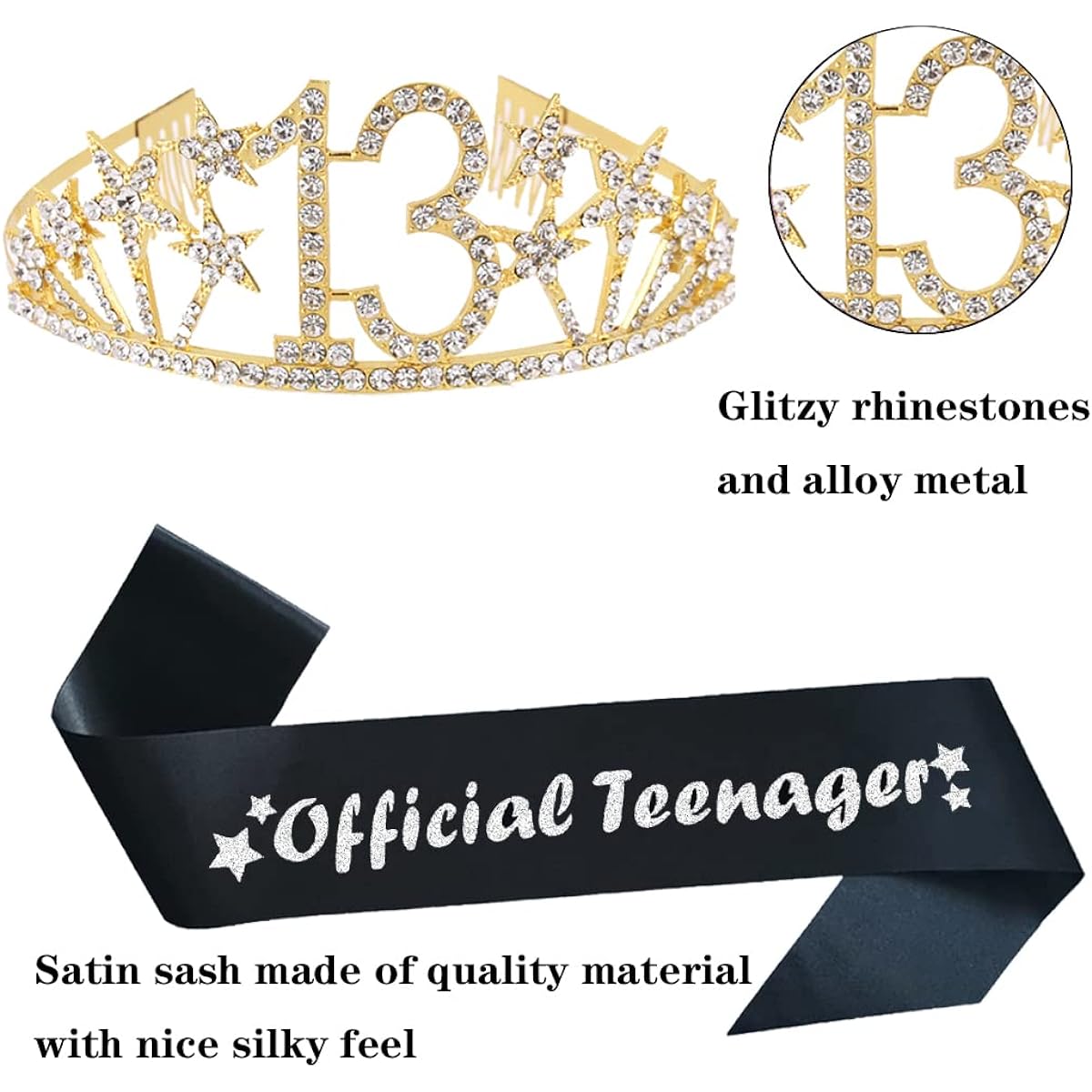 Happy 13th Birthday Tiara and Sash Gift Crystal Rhinestone Princess Crown Birthday Girl Party Favors