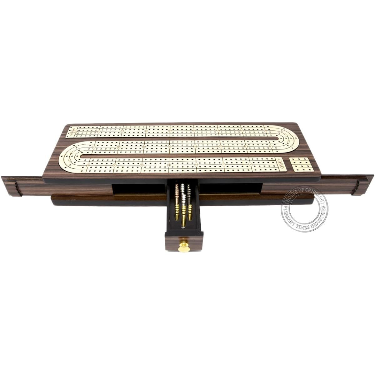House of Cribbage - Continuous Cribbage Board Inlaid 4 Tracks Rosewood/Maple with Sliding Lids and Drawer