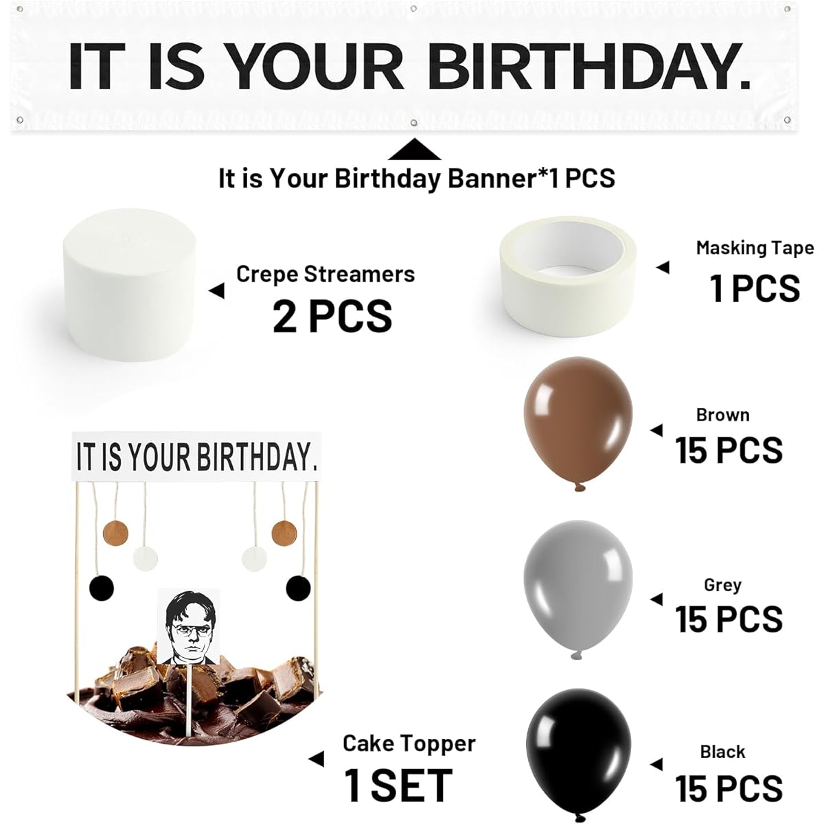 Is Your Birthday Banner Office Birthday Decorations Kit for Desk Office Dwight Schrute Theme Birthday Party Decorations 50 Pieces Full Kit Funny Birthday Cake Topper 12 Inch Gray Brown Black Latex Balloons for Boys Girls Friends Fans Birthday Decorations
