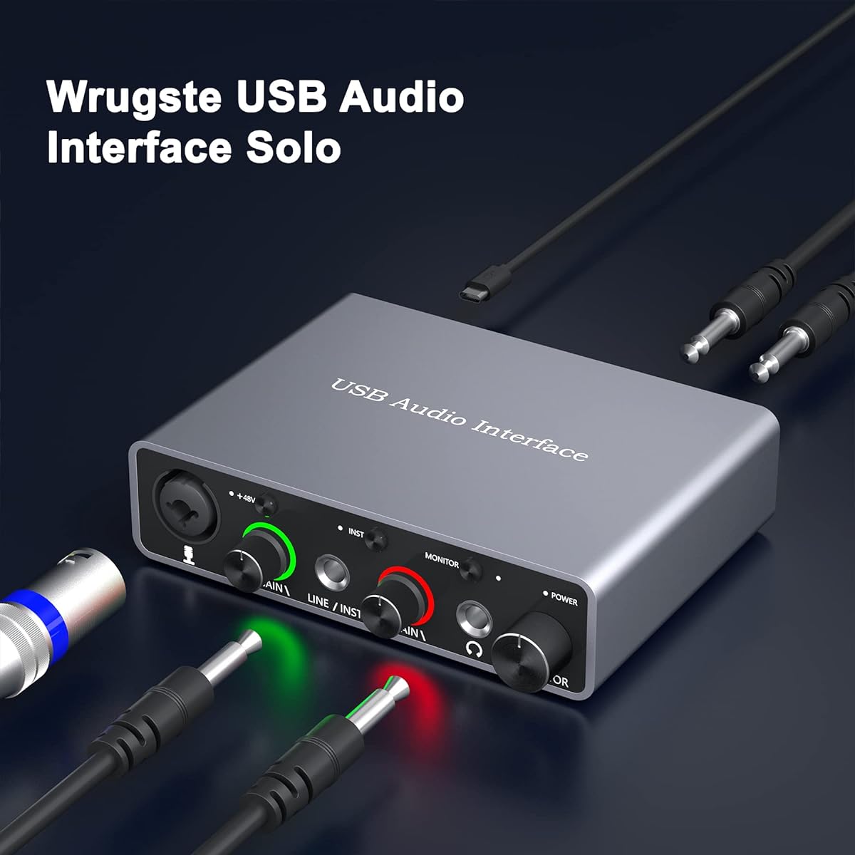 Wrugste USB Audio Interface SOLO Gray +48V Phantom Power for Recording Podcasting and Streaming Ultra Low Latency Plug and Play XLR Audio Interface No Software