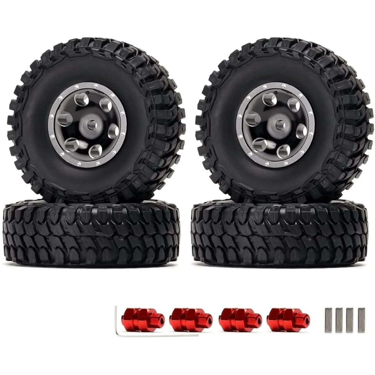 KingVal Replacement 4pcs 1.0 Beadlock Wheel Rim Tire Hex Hub 7mm with Extension Adapter Compatible with Axial SCX24 AXI00002 AXI00004 AXI00005 AXI00006 AXI90081 1/24 RC Crawler Car