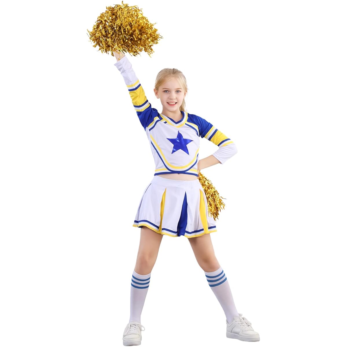Cheerleader Costume for Girls Cheerleading Uniform Dress Outfit with Stockings and 2 Pompoms