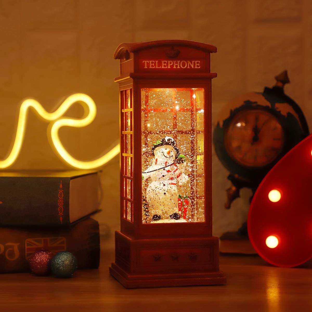 JEDAWN Christmas Lantern Decorative Singing Christmas Snow Globe Musical Lighted Christmas Water Sparkle Swirl Snow Phone Booth Christmas Home Decorations with Gift