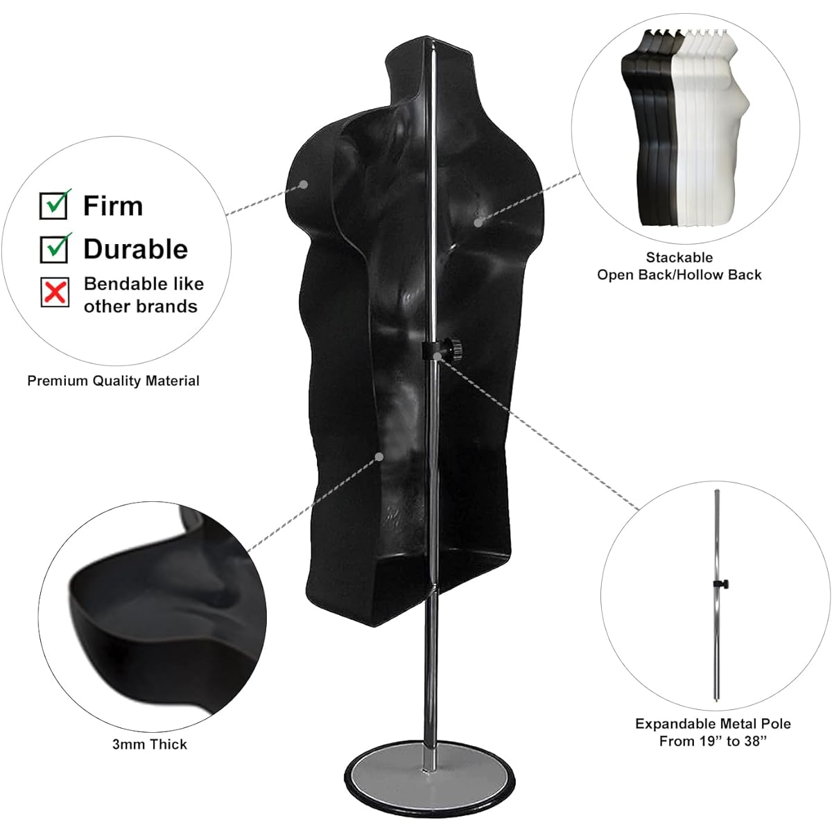 DisplayTown 4 Pieces Mannequin Form Black Family Men Women Children Toddler Set with 1 Metal Base Short Waist Torso Hanging Mannequin Set Hollow Back Plastic Body Form S-M Size