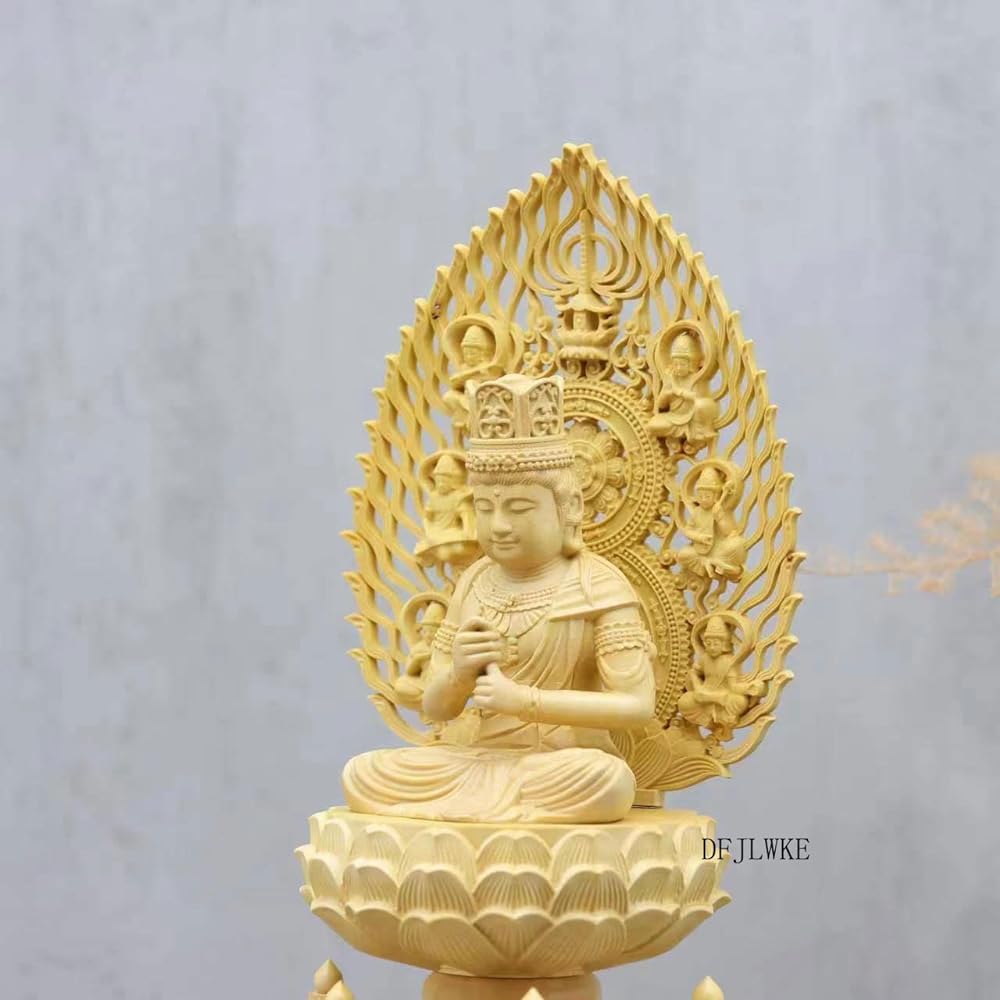 Wood carved Buddha statue Dainichi Nyorai (Shingon Buddhism) made by Tsuge, hexagonal pedestal, flame halo (height 21.5 cm x width 10 cm) ◆Principal Buddha statue for Buddhist altar, wood carving