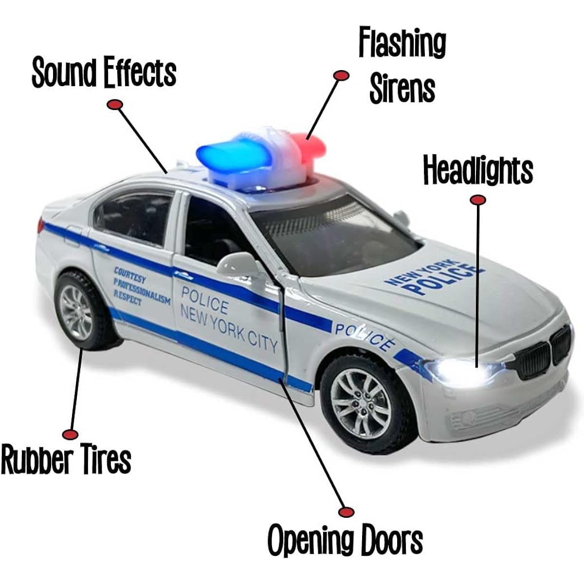 2 Pack Metal Diecast NY Police Car Pull Back Battery Powered with LED Headlights and Siren Sound 1:32 Scale