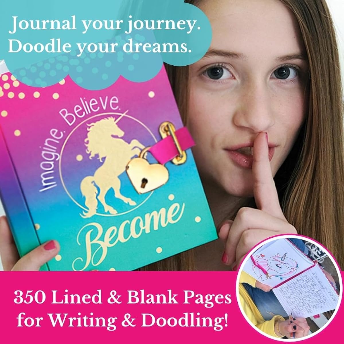 Unicorn Secret Diary Toy with Heart Shaped Lock and Key, Multicolor Push Pen and Gold Bangle Bracelet Gift Set