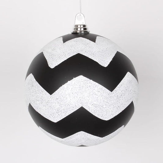 Vickerman 8" Christmas Ornament Chevron Ball Black and White Matte Finish Shatterproof Plastic Holiday Christmas Tree Decorations