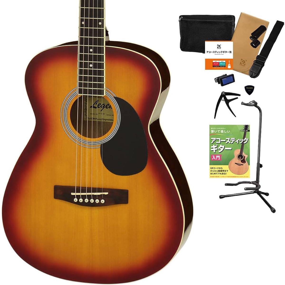 LEGEND FG-15 CS Acoustic Guitar, 12-piece Select Set with Textbook, Beginner Set, OOO Size, Legend