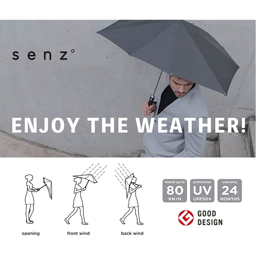 Umbrella, Windproof, Senz, Manual, Folding Umbrella, Rain Umbrella, Parasol, For Sunny or Rainy Days, UV Protection, Bright White, 91x91cmsenz301-BW