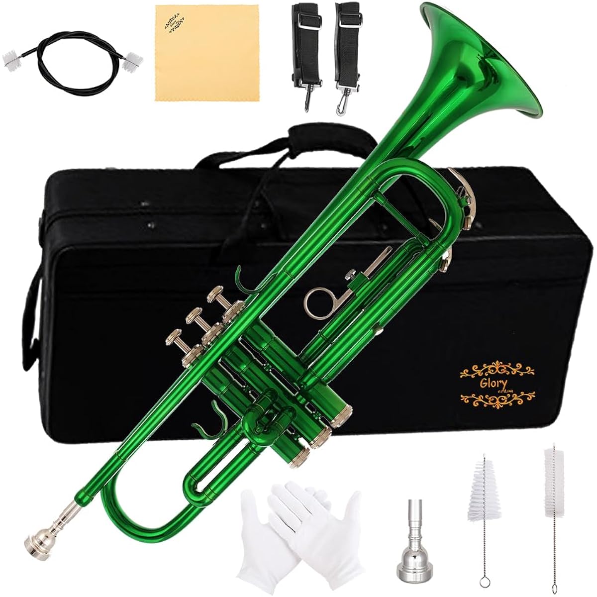 Glory Bb Trumpet - Beginner or Advanced Trumpet with Case, 1 Pair of Gloves, Green