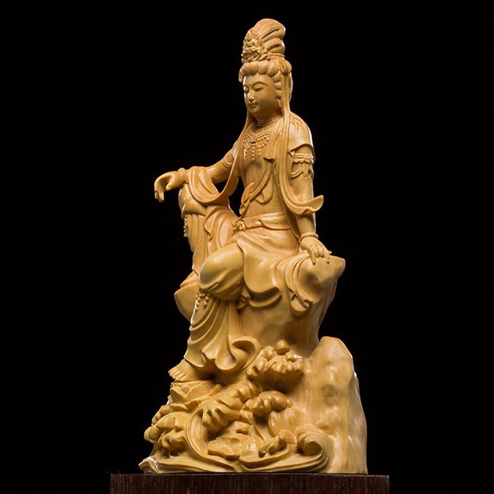 [Kano] Kannon Bodhisattva Seated Statue, High Quality Natural Boxwood Wood Carving, Wooden Buddha Statue, Buddhist Artwork, Yellow Yang, Tsuge, Kannon Statue Sculpture, Kanzeon Bodhisattva, Kannon Bodhisattva, Exclusive Presentation Box, Care Guide Inclu