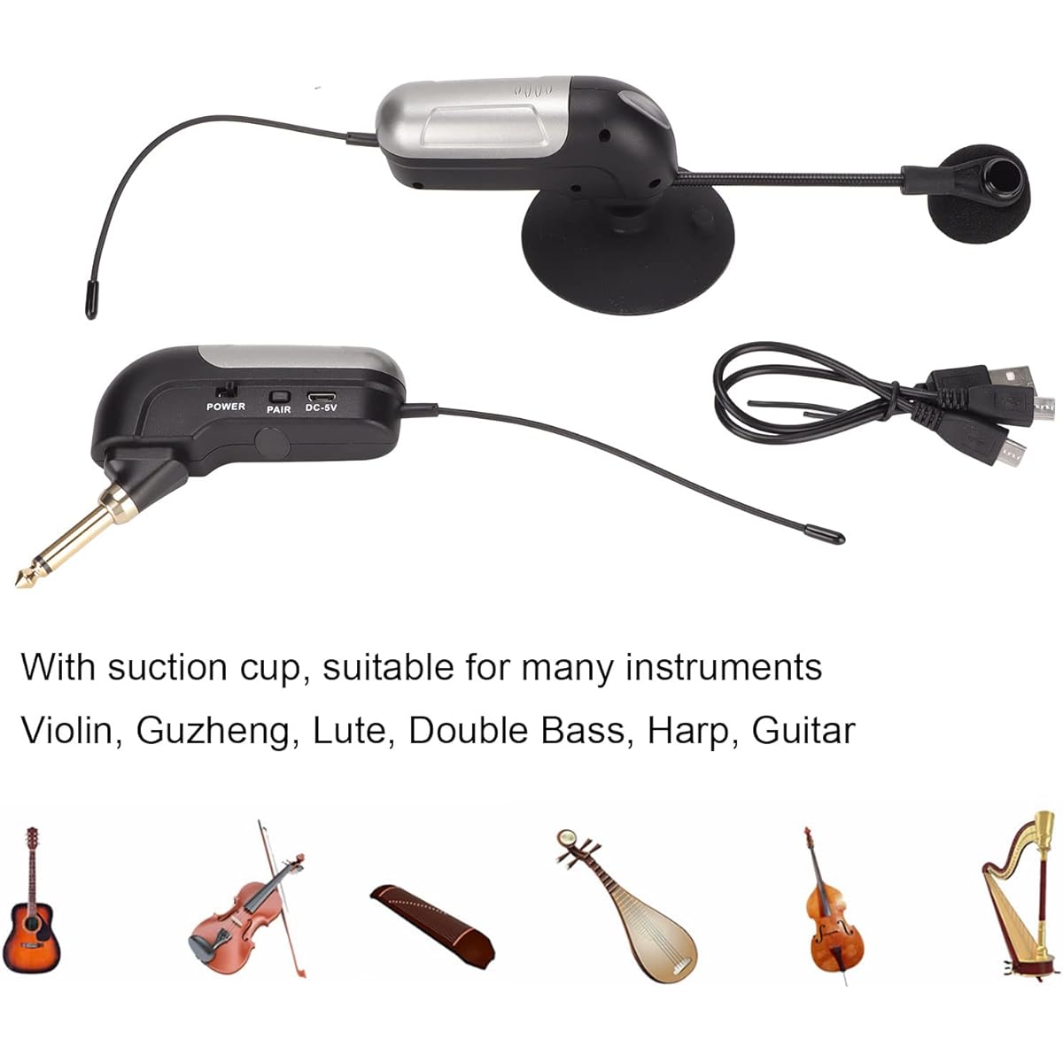 Wireless musical instrument microphone, UHF clip condenser microphone, suitable for large and small violin zither lute contrabass harp guitar