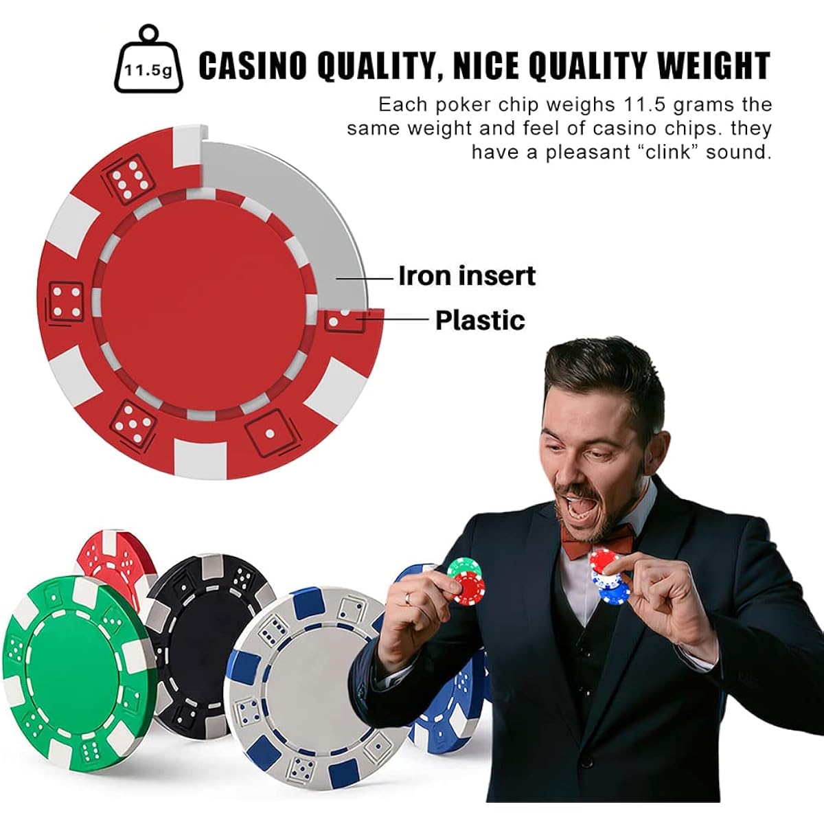 11.5 Gram Bulk Chip Accessories 10pcs Professional Poker Chips Casino Poker Chips Clay Composite Casino Poker Chips for Casino Card Games Texas Hold'em (5pcs Black+5pcs Blue+5pcs Green+5pcs Red+5pcs White)