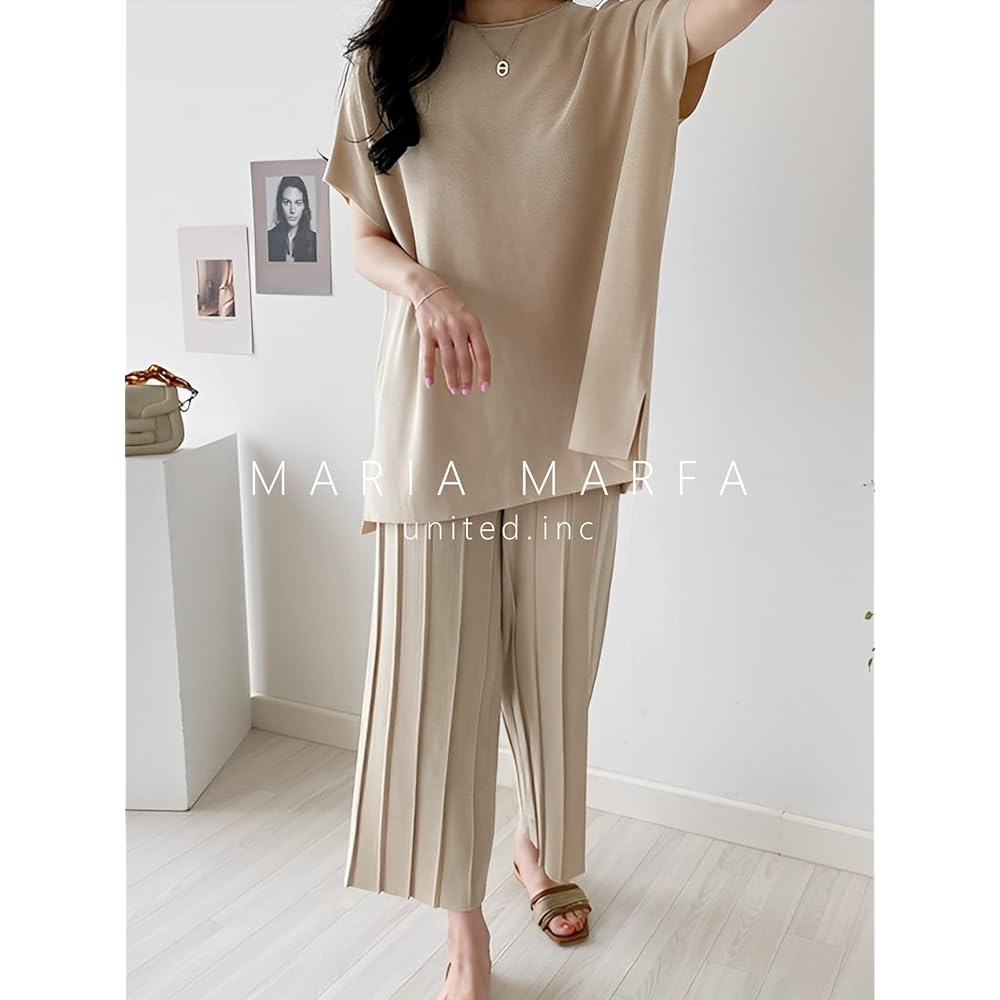 [MARIA MARFA] French sleeve setup t-shirt high waist long pants top and bottom 2 piece set spring summer 3S-M39