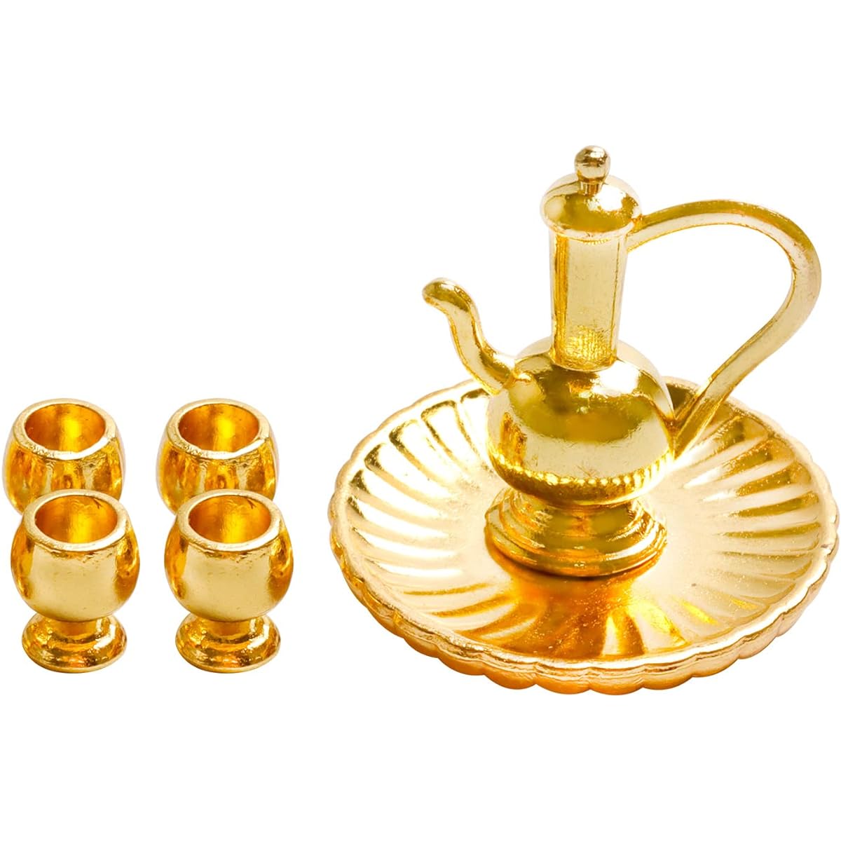 Miniature Gold Tea Set Metal Teapot Cups and Tray Set 1:12 Scale Mini House Accessories Mini House Furniture Decoration Set of 6
