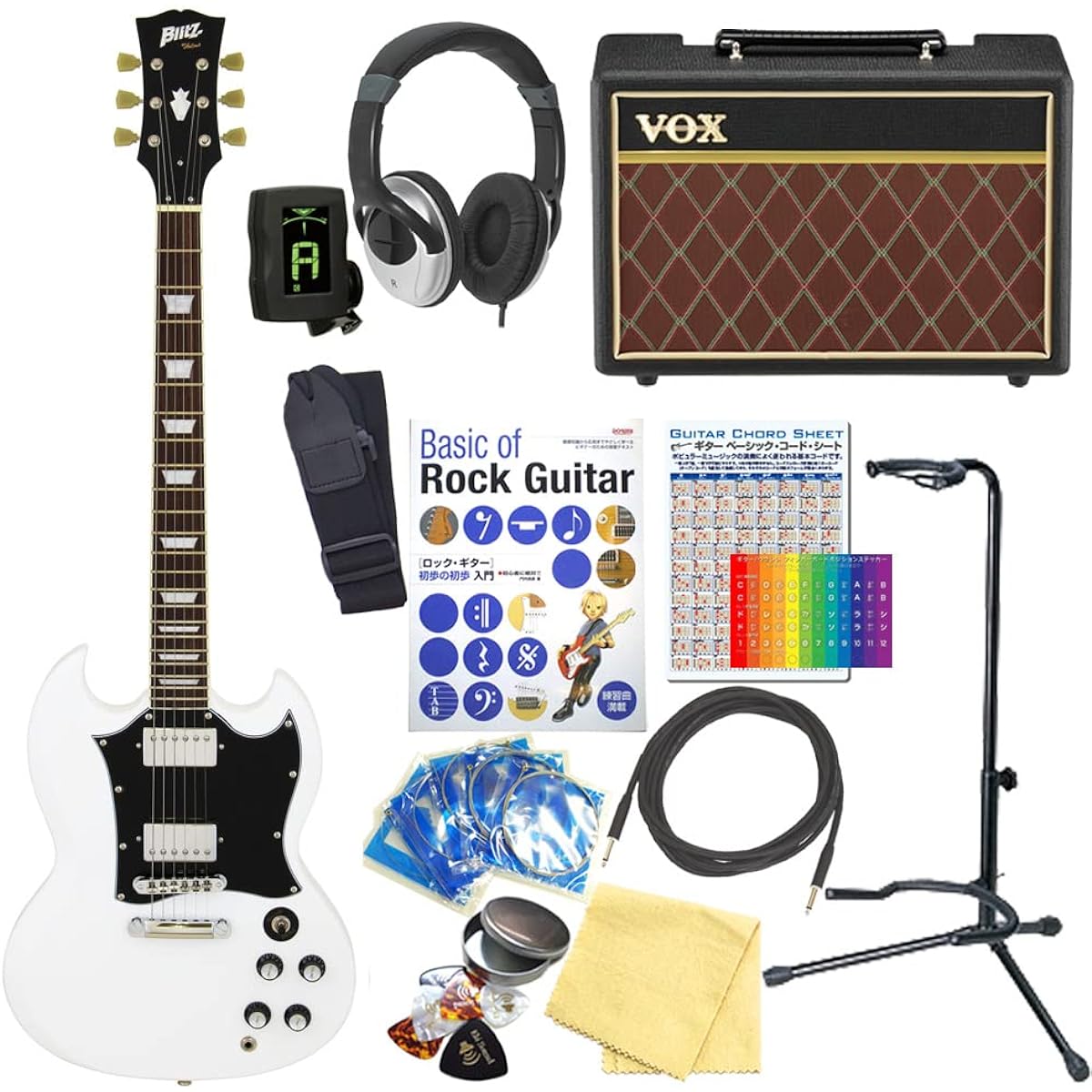 Electric guitar beginner set SG type 15 piece set with VOX amplifier Blitz BSG-STD WH