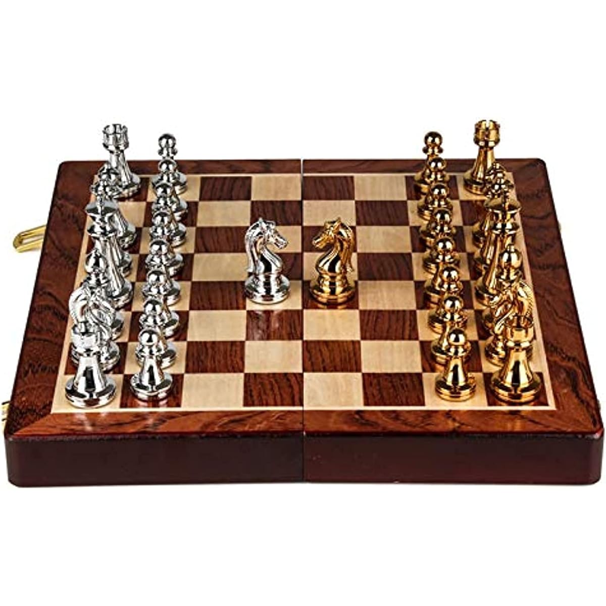 International Wooden Chess Board, Travel Storage Pieces Metal Chess Set, Foldable Educational Chess Set for Kids Adults 30x30x2.8cm