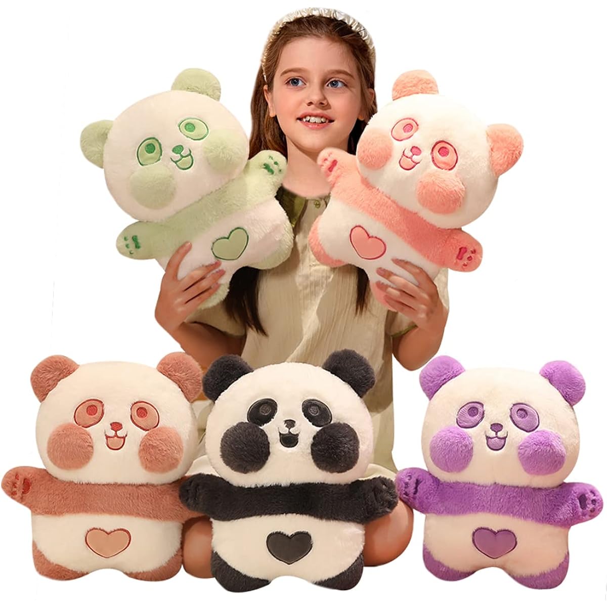 ELAINREN 5PCS Rainbow Panda Plush Toys, Cute Purple Panda Stuffed Animals, Kawaii Green Panda Bear Plush Toys, Pink Panda Doll Gifts-14.9 Inch