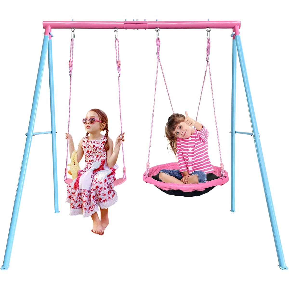 JYGOPLA 440 lbs 2 PlayStation Swing Set for Backyard Saucer Tree Swing 32 Inch 1 Belt Swing Heavy Duty Metal Swing Stand with Anchor (Pink + Blue)