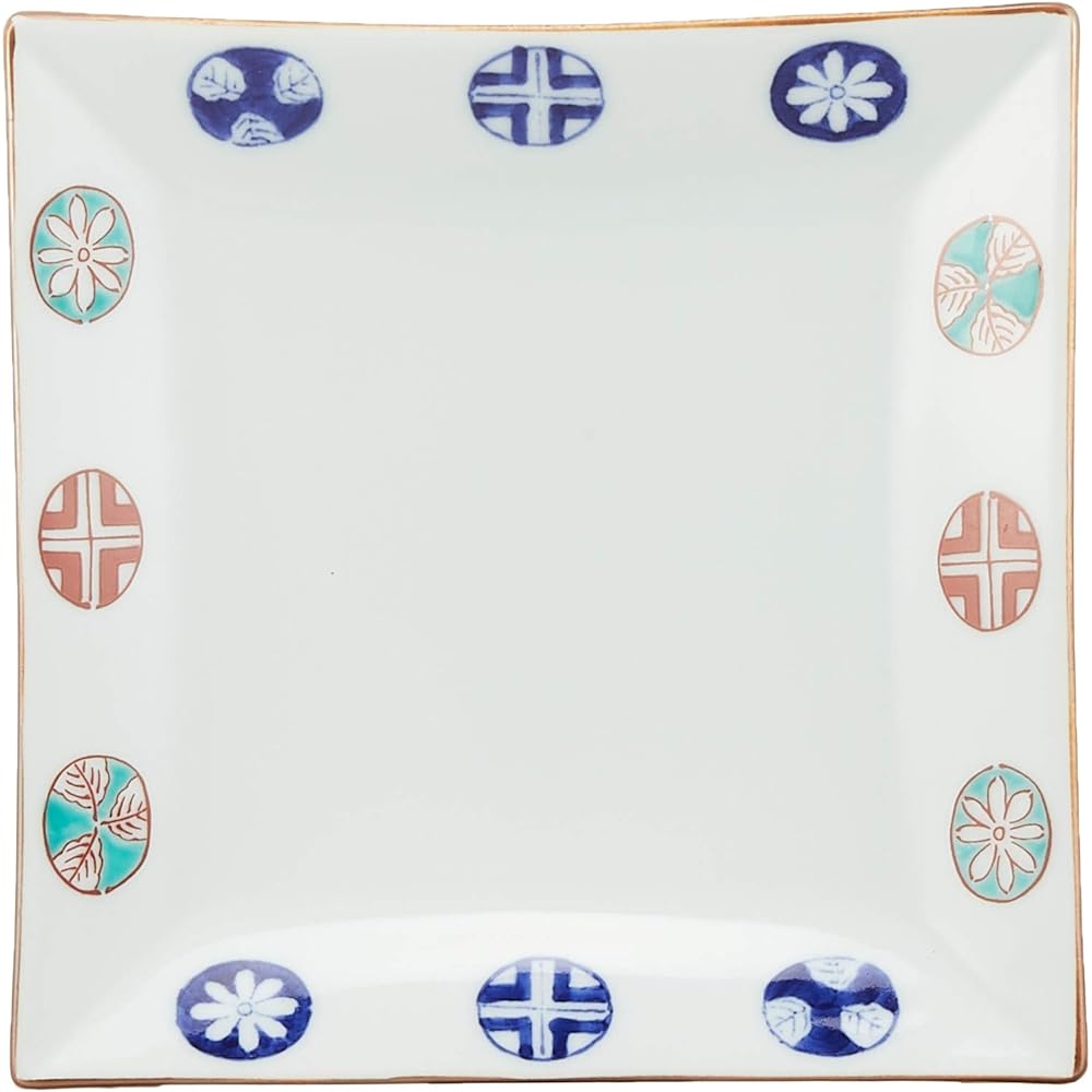 Arita ware, Takeken kiln, dyed Nishiki round pattern, square plate, set 52468