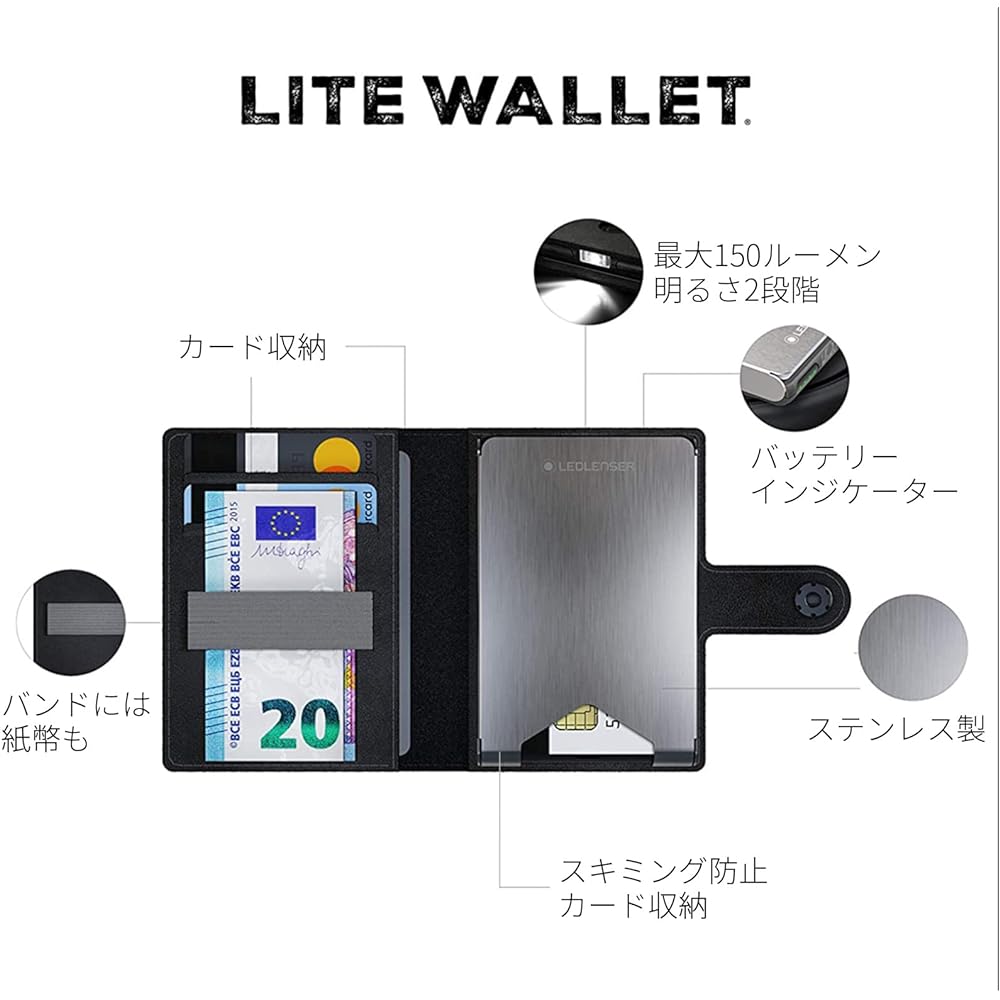 Ledlenser Card Case Mini Wallet LiteWallet Anti-skimming Anti-Magnetic Genuine Leather LED Light USB Rechargeable [Genuine Japanese Product]