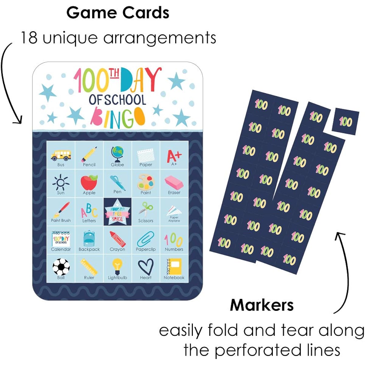 Big Dot of Happiness Happy 100th Day of School Photo Bingo Cards and Markers 100 Day Party Bingo Game Set of 18