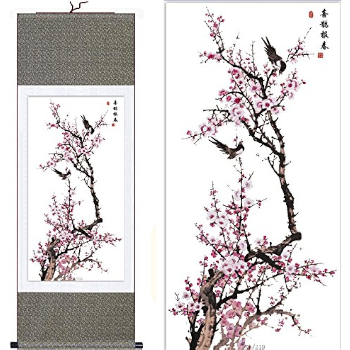 Modebeso Silk Chinese Painting Plum Blossom Home Decor Calligraphy Scroll Hanging Art Gift 016 H40" x W12"