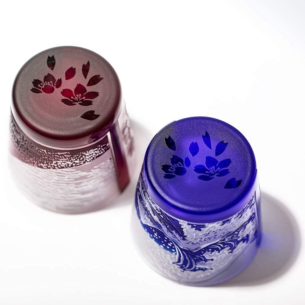 [Taimuro Kobo Official] Edo Glass Red Fuji/Nami Fuji and Cherry Blossom Free Cup Pair (Red/Ruri) TB022-204R_206B Presentation Box Made in Japan