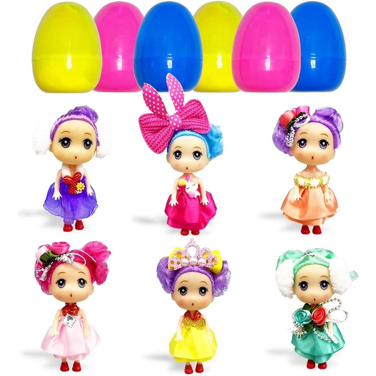 Pinkiwine 6 Pack Jumbo Easter Eggs with Doll Toys for Kids/Girls/Boys/Toddlers, Easter Basket Stuffers, Gift Fillers, Party Favors