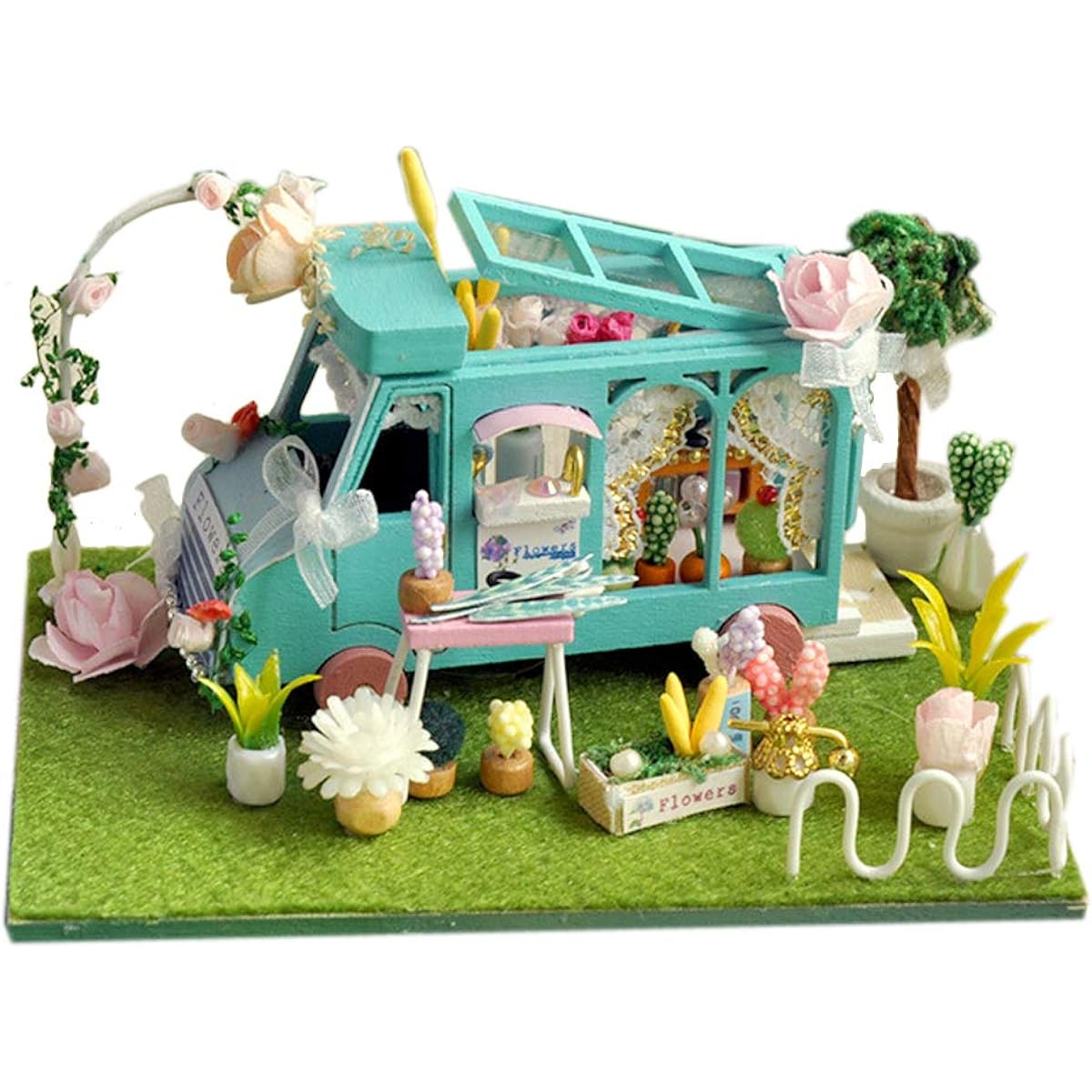 WYD DIY Mini Car Train Shop House Combined Bus Shop Street Model 3D Wooden Miniature Dollhouse Kit with LED Light and Furniture Kit (Flower Car Shop) 6 Pieces