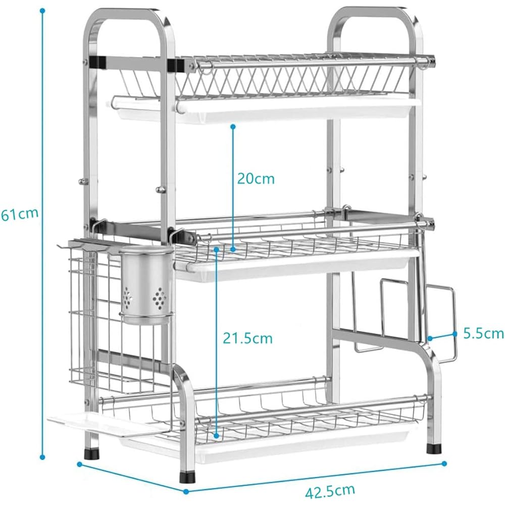 Drainer Rack, Dish Drainer, Basket, SUS304 Stainless Steel, Tableware Storage, Dish Rack, Kitchen Storage Rack, Flowing Water, Chopstick Holder, Cup Rack, Japanese Instruction Manual Included (Stainless Steel, 3 Tier Type)
