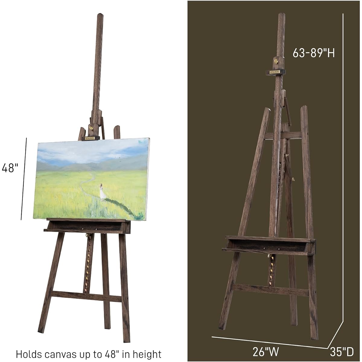 ATWORTH Tiltable Lyre Style Studio Art Easel Deluxe Oak Wooden Large Adjustable A-Frame Floor Painting Easel Stand with Storage Tray for Canvas Art up to 48" Gray Walnut Finish