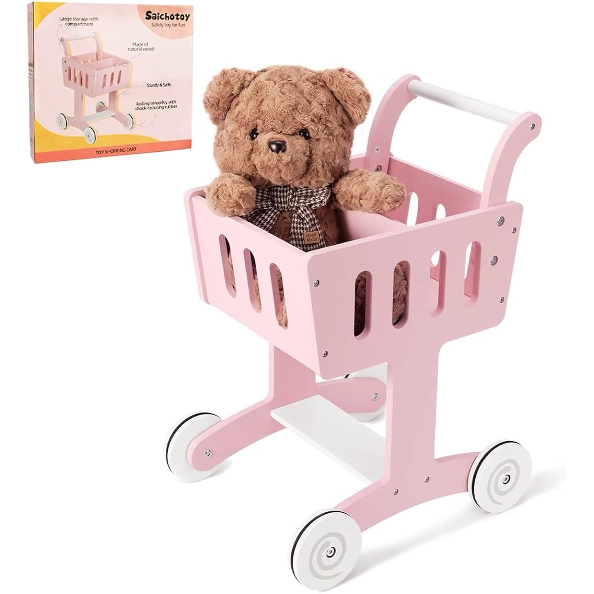 Saichotoy Pink Toy Shopping Cart, Grocery Cart for Kids and Toddlers, Sturdy Wooden Frame, Baby Push Walker for Girls Ages 1+, Supermarket Pretend Play Shopping Cart