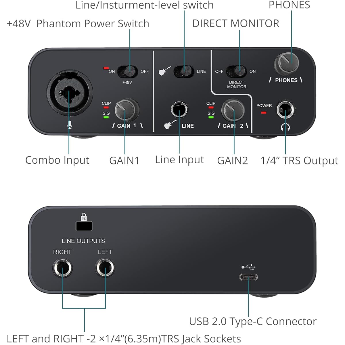 USB Audio Interface 2 in 2 Output, Computer Audio Interface with 48V Phantom Power TRS Balanced Free Driver Installation Supports Studio Sound Recording Streaming and Podcasting for PC/Win/Mac