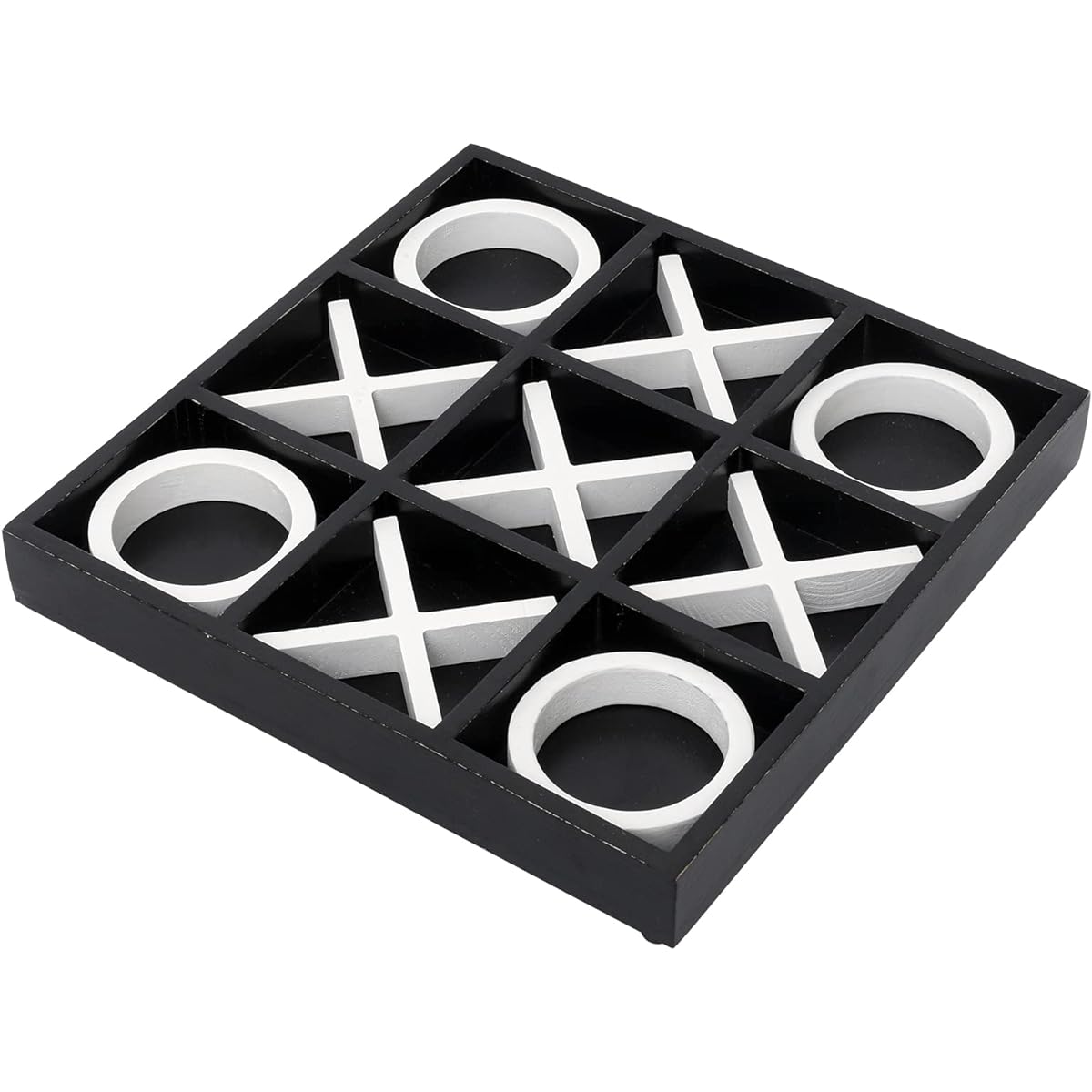 FUIN Wooden Tic Tac Toe Decorative Board Game Set, Coffee Table Decor, 12" x 12", Black & White