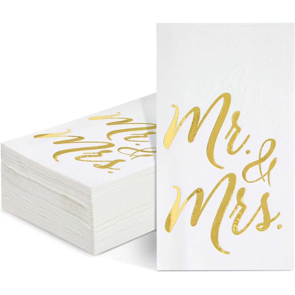Mr and Mrs Napkins Disposable Wedding Dinner Napkins for Reception Rehearsal Dinner Bridal Shower Engagement Party (Gold Foil and White 3 Ply 4x8 Inch) Pack of 50