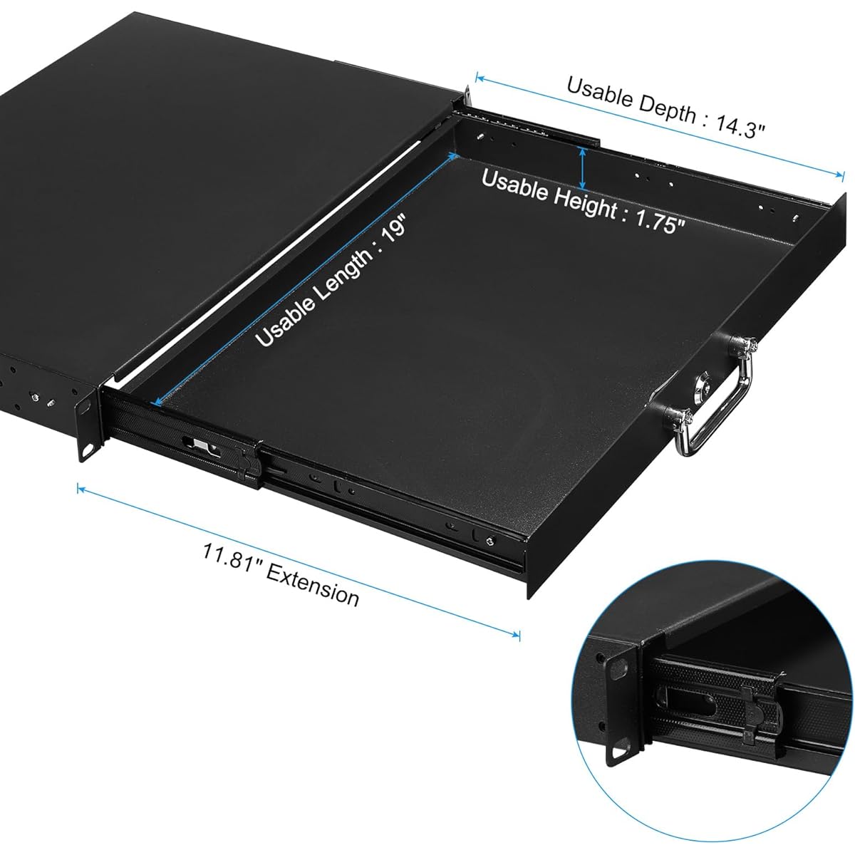 MECCANIXITY 1U Rack Mount Drawer 19" for AV/Network/DJ Equipment Rack or Cabinet with Lock and Key